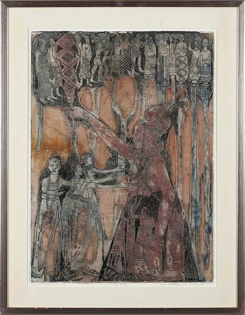 BRUCE ONOBRAKPEYA (1932-). Oba Aka I, "deep etching - silver brown base". — Engravings & Prints — Crafoord Auktioner Stockholm