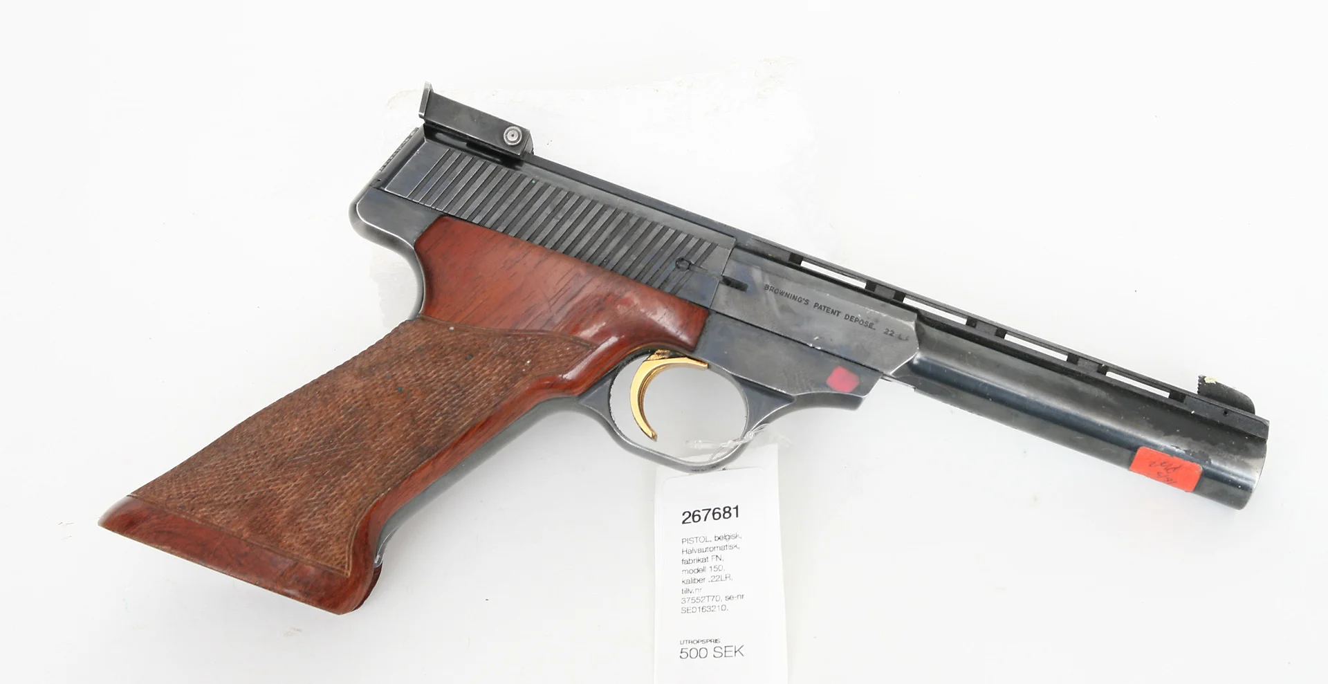 (316) PISTOL, belgisk, Halvautomatisk, fabrikat FN, modell 150, kaliber .22LR, tillv.nr 37552T70, se-nr SE0163210. — Pistols — Mauritz Widforss