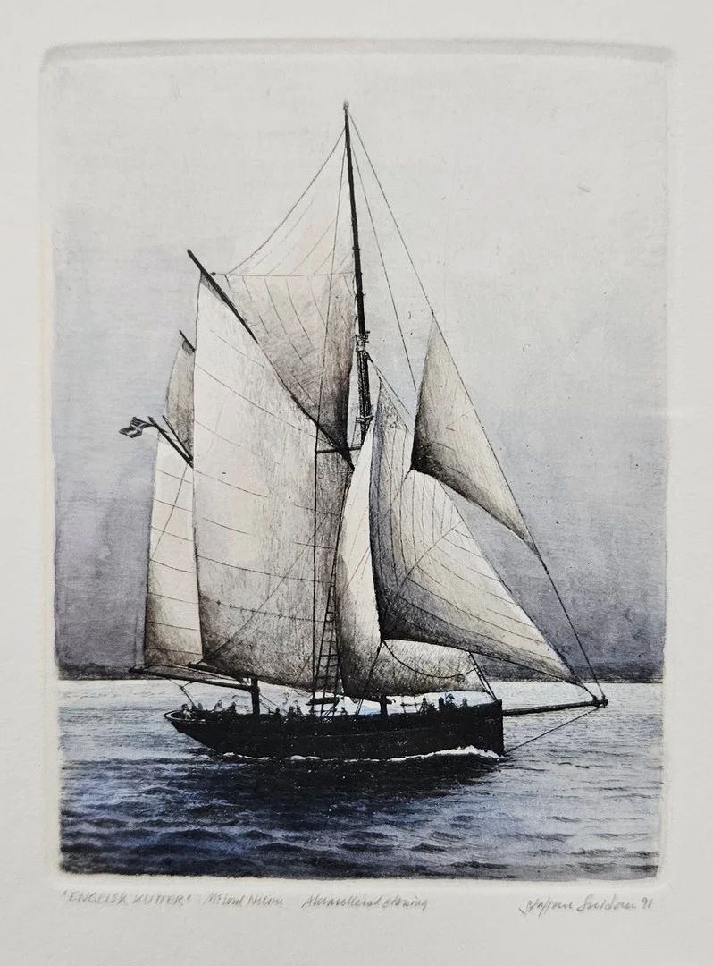 STAFFAN SNIDARE. "Engelsk kutter". Lord Nelson, Akvarellerad etsning, signerad Staffan Snidare och daterad 91. — Engravings & Prints — Auktionshuset Thörner & Ek