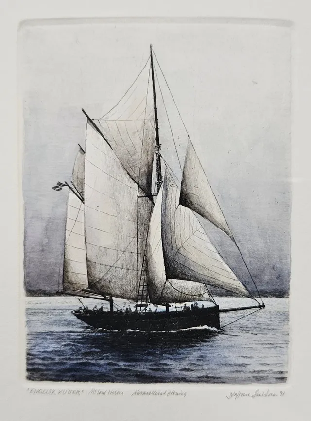 STAFFAN SNIDARE. "Engelsk kutter". Lord Nelson, Akvarellerad etsning, signerad Staffan Snidare och daterad 91.