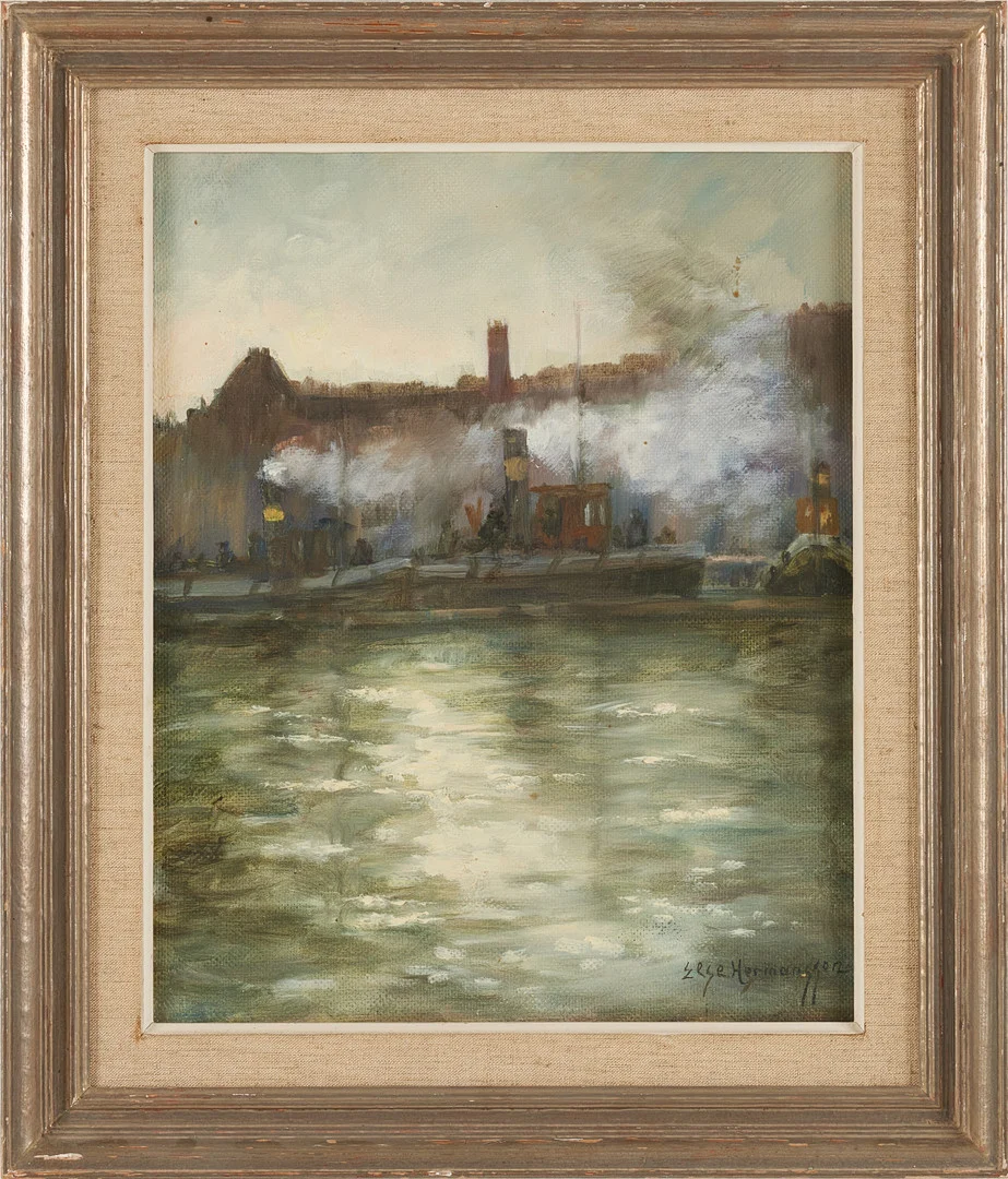 ELSE HERMANSSON. (1900-1997 ). "Södersiluett", olja på pannå, Stockholm, signerad Else Hermansson, daterad 1954 a tergo. — Paintings — Stockholms Auktionsverk Magasin 5
