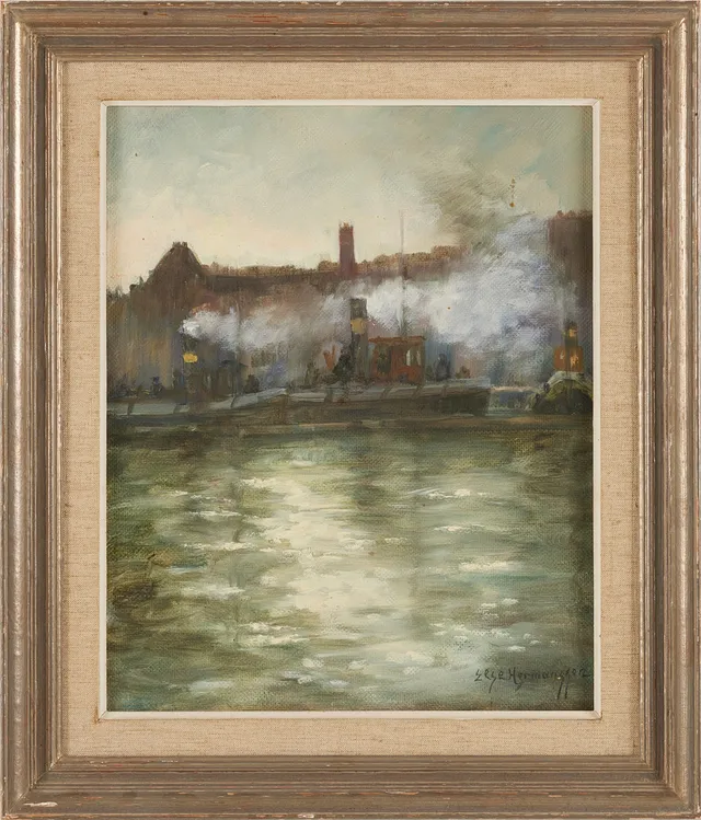 ELSE HERMANSSON. (1900-1997 ). "Södersiluett", olja på pannå, Stockholm, signerad Else Hermansson, daterad 1954 a tergo.