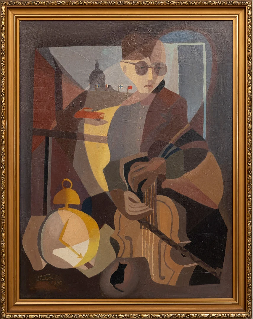 OIDENTIFIERAD KONSTNÄR. Kubistiskt komposition, olja på pannå, otydligt signerad och daterad 1950. — Paintings — Auktionshuset Kolonn