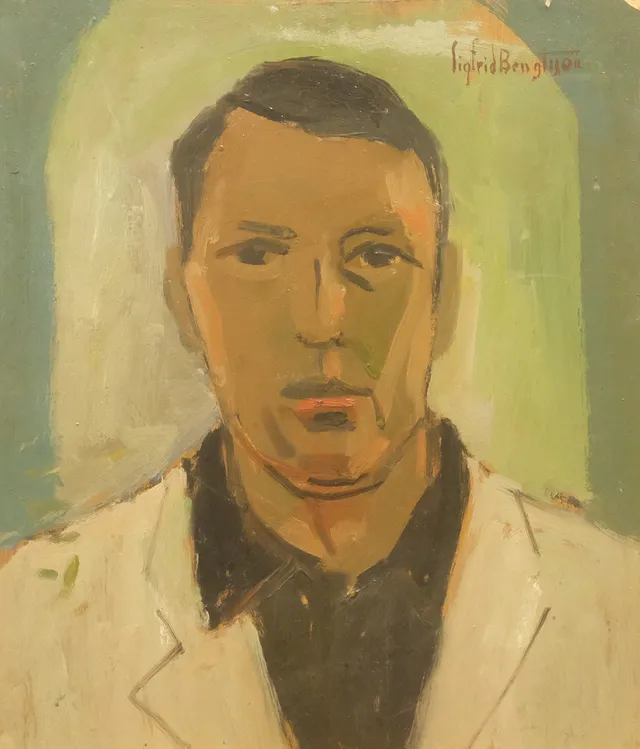 SIGFRID BENGTSSON. SJÄLVPORTRÄTT, OLJA PÅ PANNÅ, SIGNERAD.