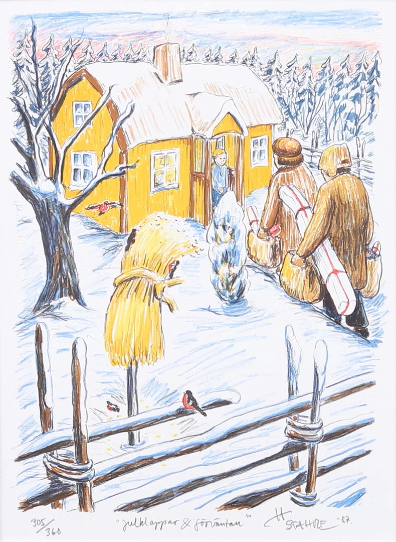 HÅKAN STAHRE (1944-2001). Julklappar & förväntan, litografi, signerad, daterad och numrerad. — Engravings & Prints — Garpenhus Auktioner
