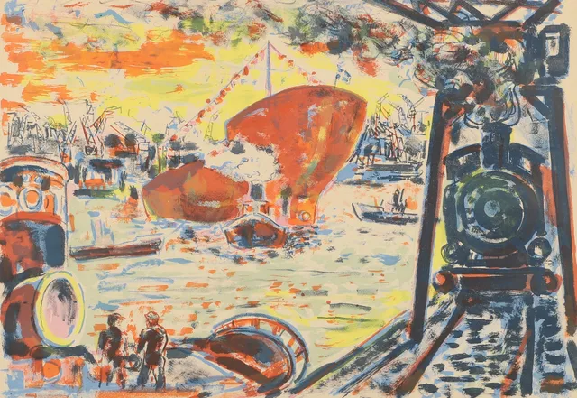 ALBIN AMELIN. Hamnmotiv, färglitografi, signerad Amelin -57.