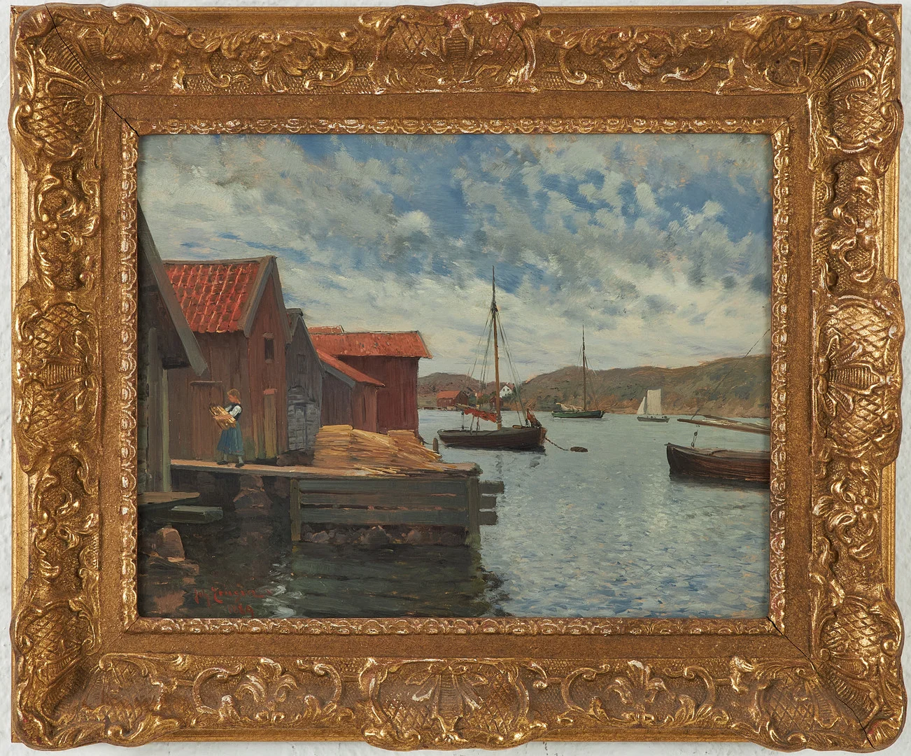 JOHAN ERICSON. Motiv med fiskebodar och segelbåtar. — Paintings — Stockholms Auktionsverk Magasin 5