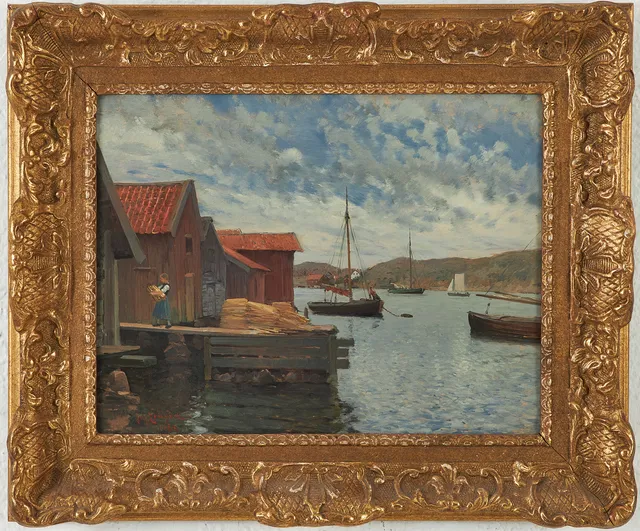 JOHAN ERICSON. Motiv med fiskebodar och segelbåtar.
