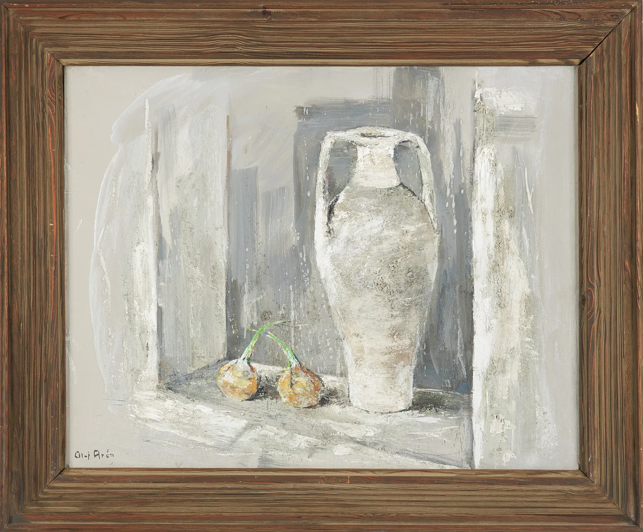 OLOF ARÉN. Stilleben hänkelurna och lök, olja på duk betongapplikationer, signerad. — Paintings — Stockholms Auktionsverk Sickla