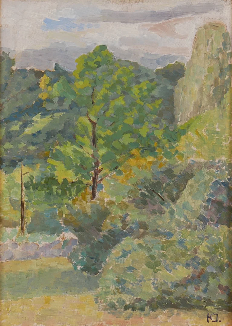 HELGE JOHANSSON. "Nedanför slottsruinen, Borgholm", olja på duk, signerad HJ. — Paintings — Auktionsfirma Kenneth Svensson i Kalmar