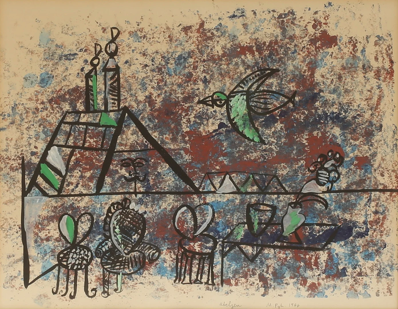 MADELEINE PYK. Blandteknik, "Ateljén", signerad 1966. — Paintings — RA Auktionsverket Norrköping