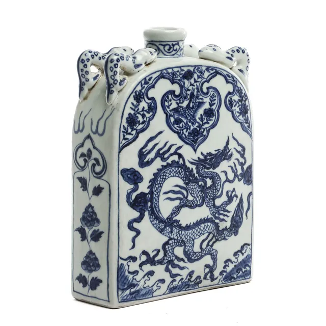 Chinese porcelain bottle vase, decorated in blue with dragons chasing the flaming pearl. Yuan style, but probably 19th/20th century
