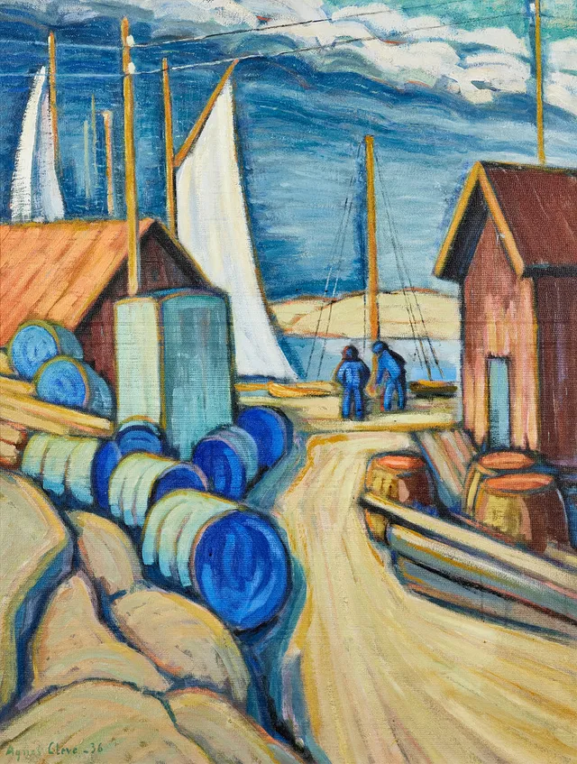 AGNES CLEVE. Segelbåtar och sjöbodar, olja på duk, 113,5 x 86 cm.
