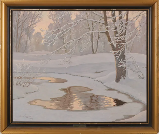 ERNST LINDGREN (1887-1948). vinterlandskap, olja på pannå, signerad och daterad 1942.