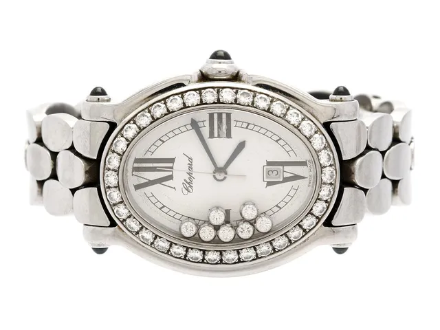 CHOPARD, Happy Sport, Boett nr. 1441004 / 8937, damur, 30 x 34 (29,5) mm, stål, quartz, safirglas (repor), datum, skadad urtavla, briljanter (7 st.), briljantkrans (34 st. TW/VS-SI, ca 1,50 ctv), originallänk, viklås, längd 165 mm, ca 2005.
