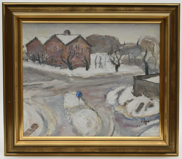 RUDOLF FLINK. Snömotiv från södra Guldheden. Olja på duk.