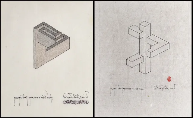 OSCAR REUTERSVÄRD (Sverige, 1915-2002), (2), Perspective japonaise "No 440 dahq", "No 300 mac", signerade, teckningar på vitt japanpapper.