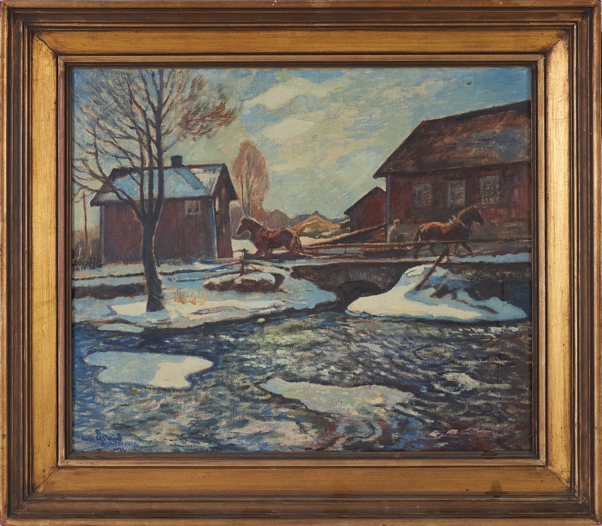 ACKE ÅSLUND. Hästar i vårsnö, olja på duk, signerad samt daterad 1931. — Paintings — Stockholms Auktionsverk Sickla
