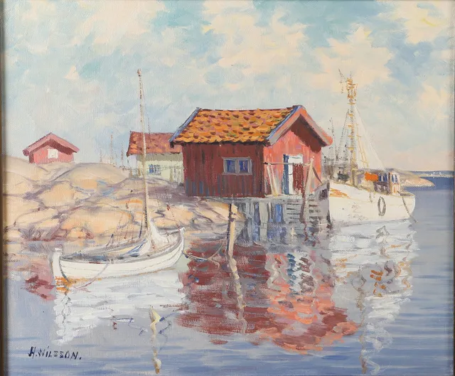 ALGOT NILSSON. Hamnmotiv, olja på duk, signerad A. Nilsson.