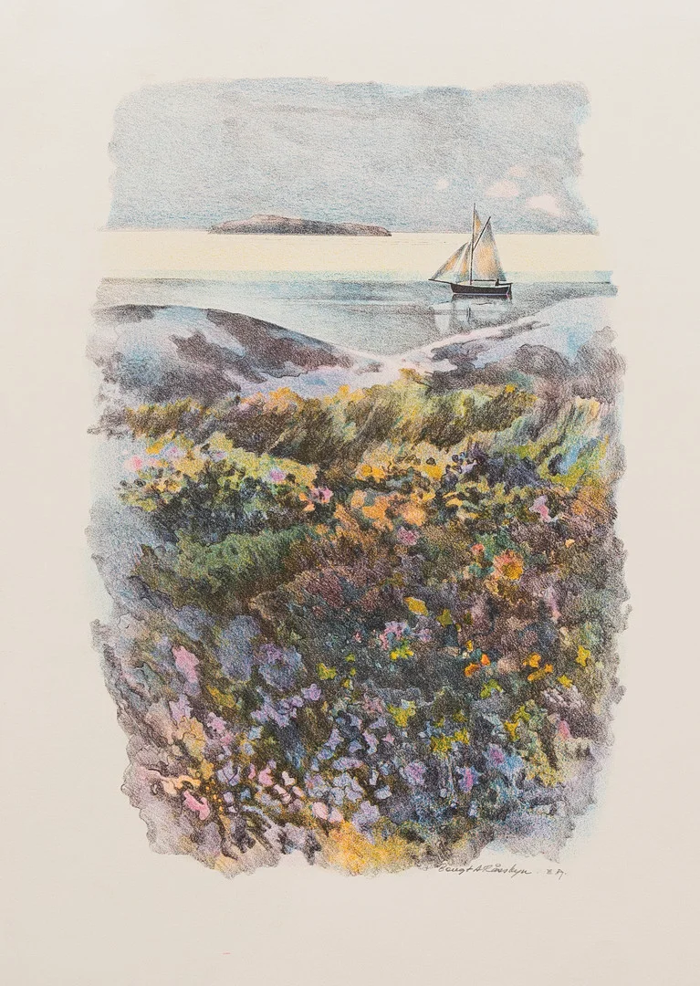 BENGT ANDERSSON RÅSSBYN (1931–2008). Segelbåt i skärgård, litografi nr EA, signerad. — Engravings & Prints — Garpenhus Auktioner