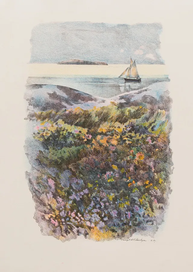 BENGT ANDERSSON RÅSSBYN (1931–2008). Segelbåt i skärgård, litografi nr EA, signerad.