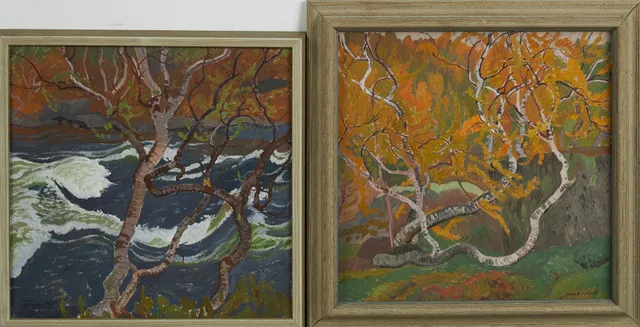 IVAN BERGDAHL (F. 1929). 2 st, "Vårflod Tjaktjaureströmmen" daterad 1977, samt "Fjällbjörkar i september" daterad 1977, båda signerade Ivan Bergdahl.