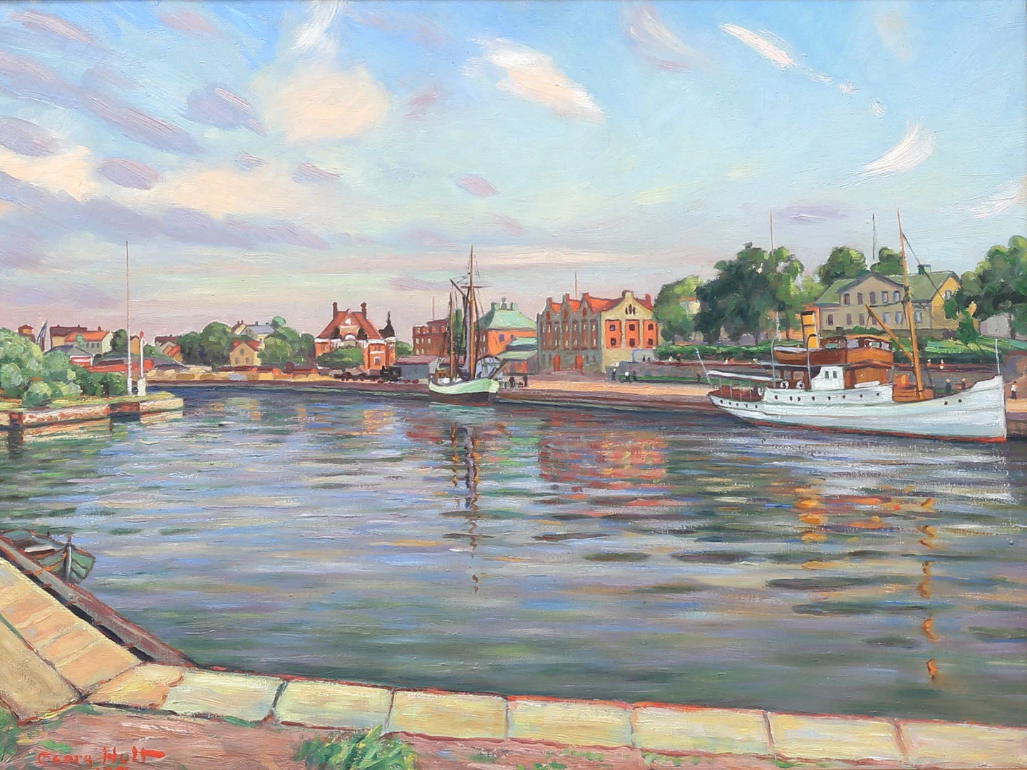 GEORG HULT. Södra kajen, Oskarshamn. Olja på duk, signerad och daterad 1951. — Paintings — Auktionshuset Thelin & Johansson