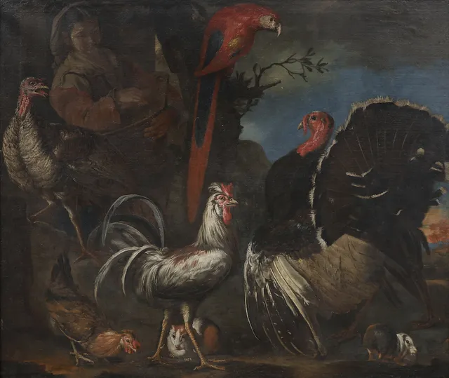 JACOB VAN KERCKHOVEN, “GIACOMO DA CASTELLO”. Birds and peasant woman in a garden.