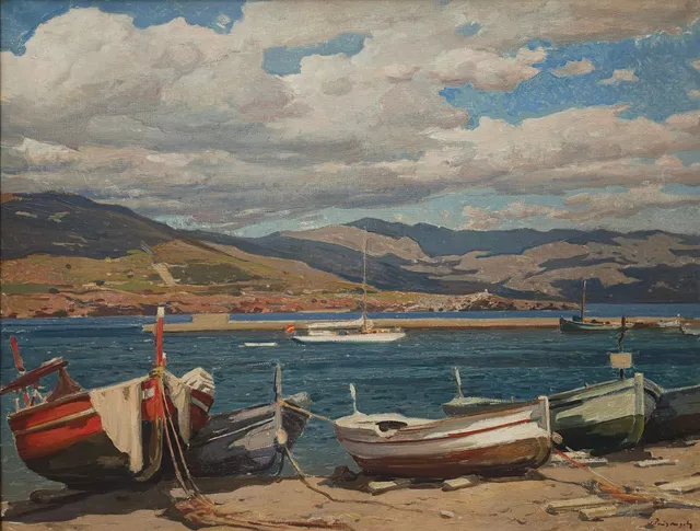 JOSEP PUIGDENGOLAS. ÓLEO LIENZO, "LAS BARCAS, PUERTO DE LA SELVA", 1960.