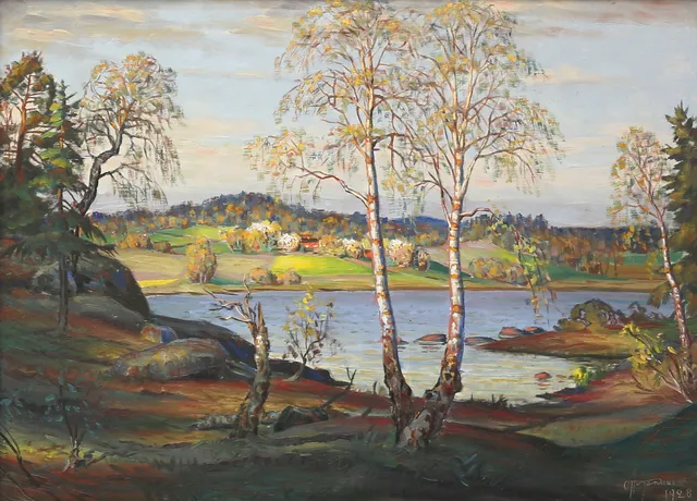 OTTO JANSSON. Landskap vid vatten, olja på duk, signerad, daterad 1928.