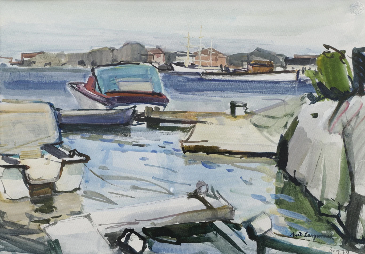 ERIK LANGEMARK (1915-1997). Båtplats, akvarell, signerad och daterad -aug 79. — Paintings — Växjö Auktionskammare
