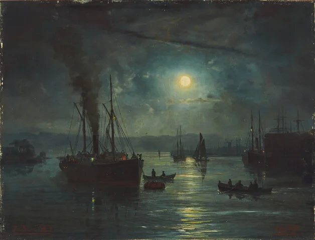 Bennetter, Johan Jakob — Midnatt ved havnen, 1891 — Kunst/Maleri — Blomqvist