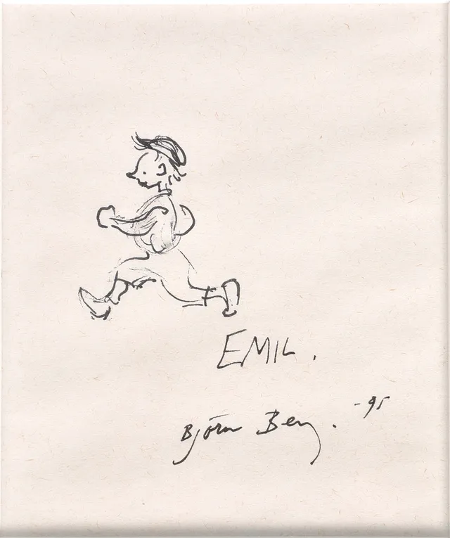 BJÖRN BERG. 1923-2008, Teckning, tusch "Emil i Lönneberga", signerad och daterad -95.
