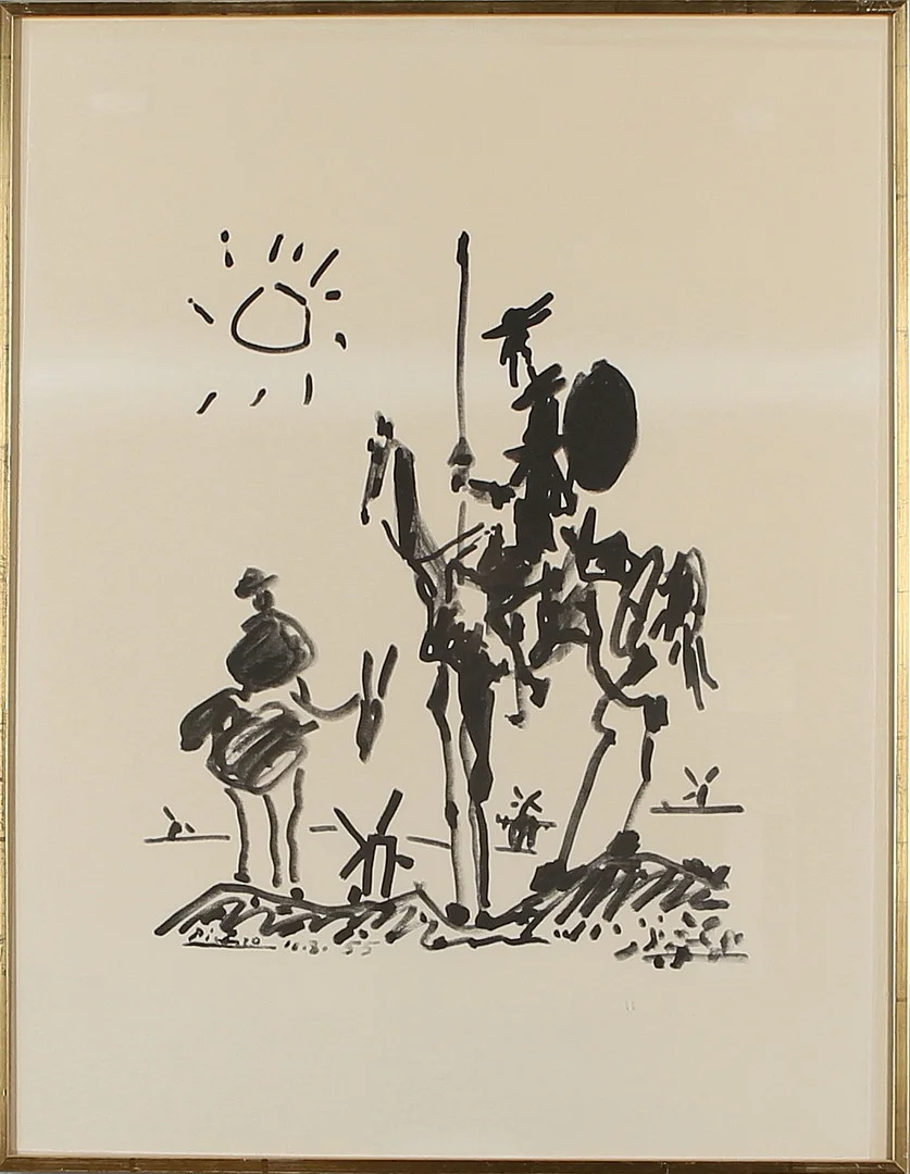 PABLO PICASSO. EFTER. "Don Quijote och Sancho Panza", litigrafi, signerad och daterad i trycket. — Engravings & Prints — Auktionshuset Kolonn
