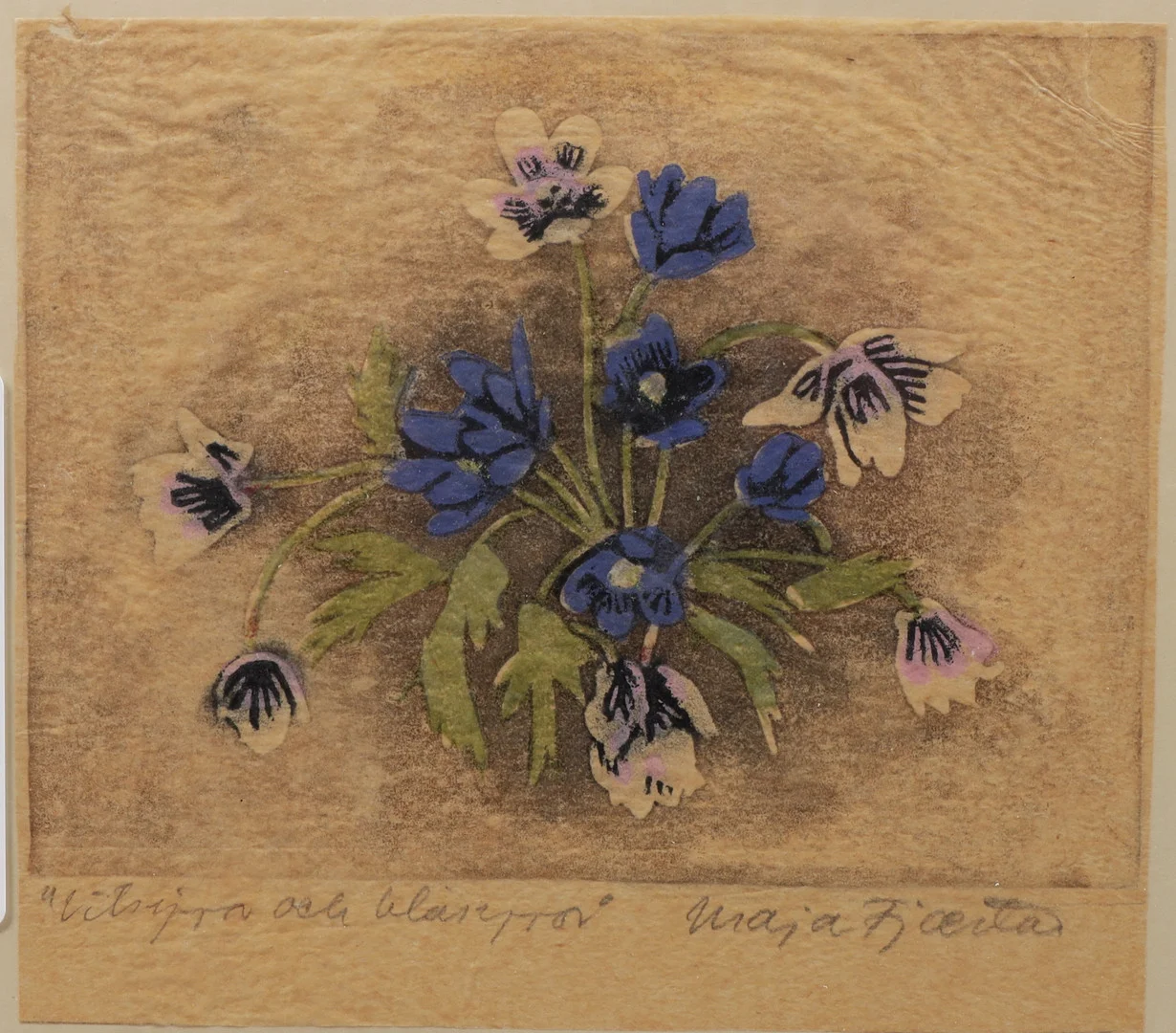 MAJA FJAESTAD. "Vitsippor och blåsippor", träsnitt, signerad. — Engravings & Prints — Växjö Auktionskammare