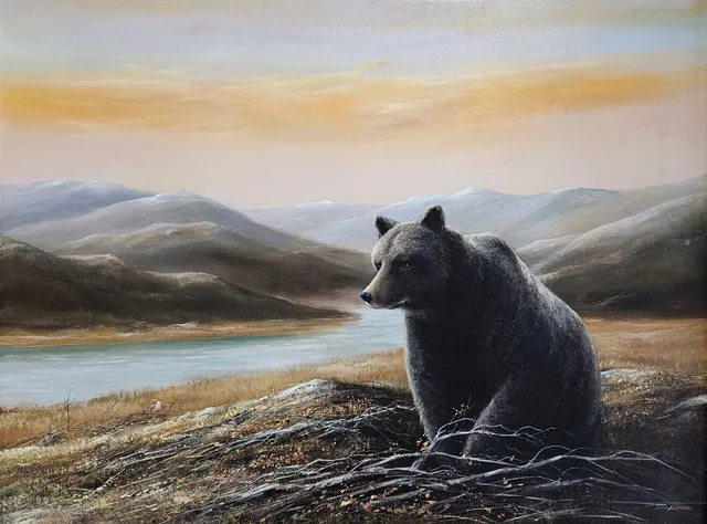 ARNE ANDERSON. Fjällandskap med björn. Olja på duk, signerad.