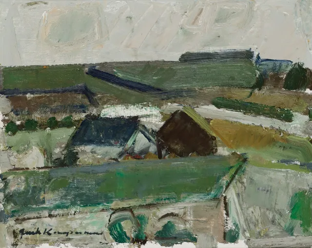 JACK KAMPMANN (1914-1989). Landsbymotiv antagelig fra Færøerne, olie på lærred, signeret.