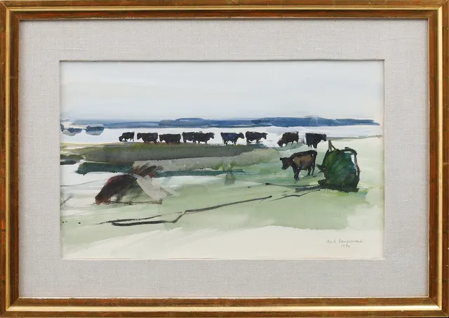 ERIK LANGEMARK. Kor på strandäng, akvarell, signerad.