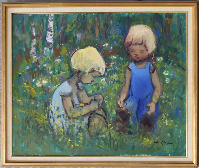 WILHELM SJÖHOLM. Barn i landskap. Olja på duk, signerad.