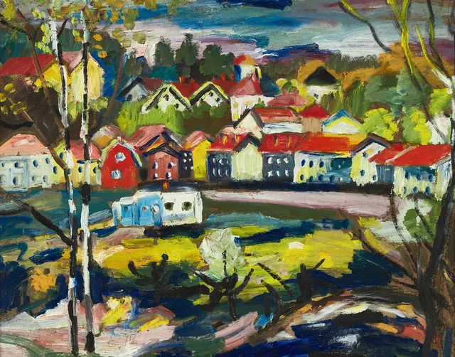ESTER HENNING (Sverige, 1887-1985): Villaidyll, signerad E.H, olja på pannå.