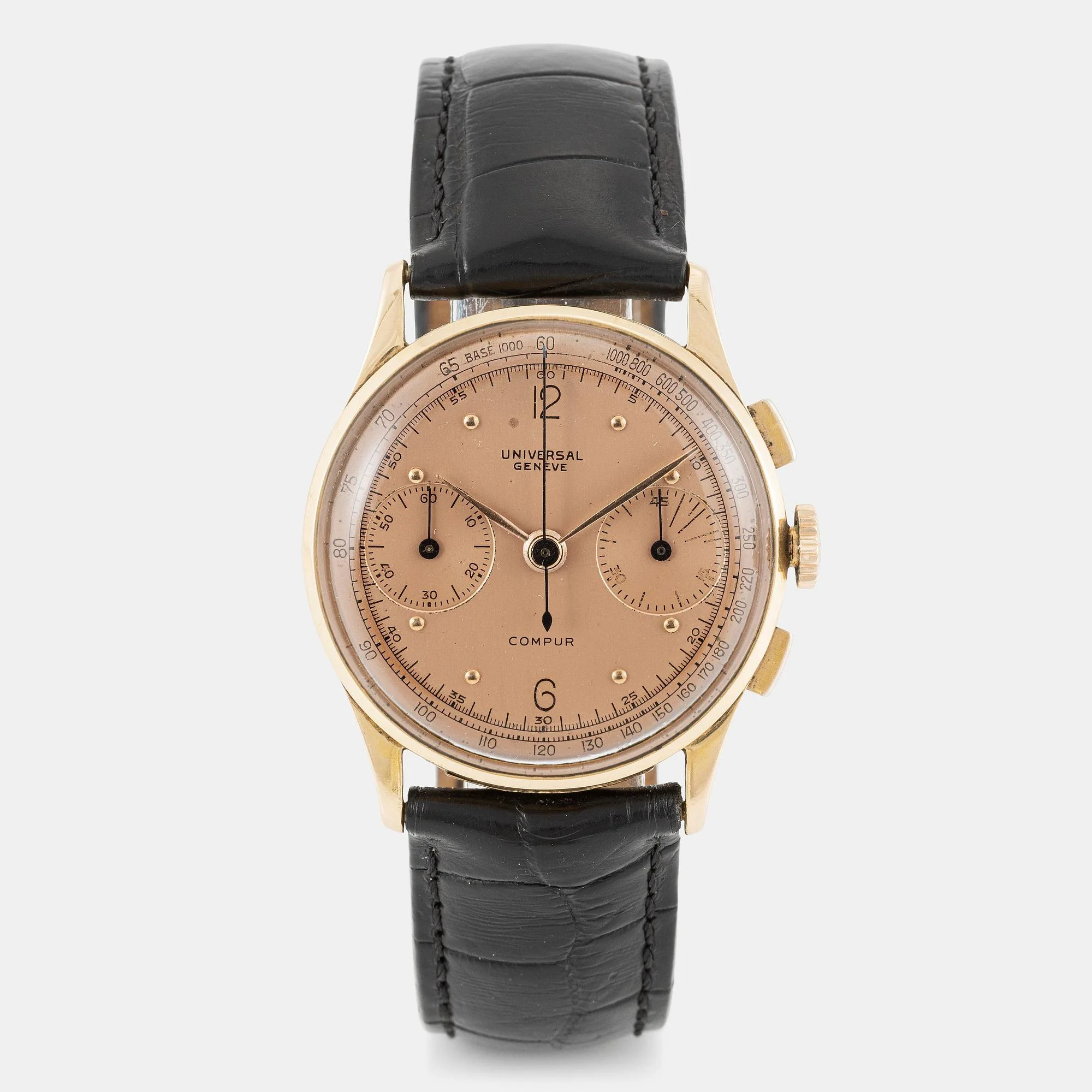 Universal Genève, Compur, "Salmon Dial", kronograf, ca 1942. — Bukowskis