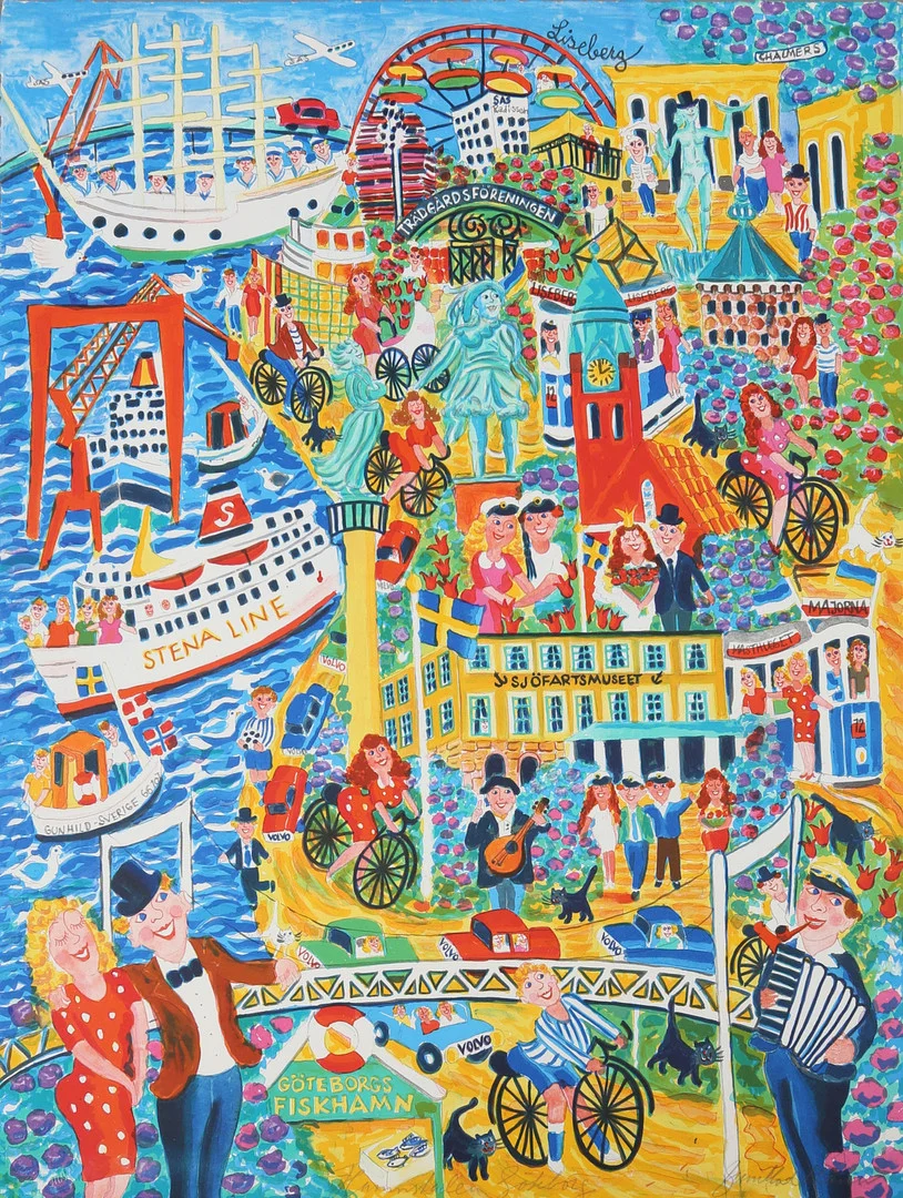 GUNILLA MANN (1947 - ). "Hamnstaden Göteborg", litografi, signerad. — Engravings & Prints — Garpenhus Auktioner