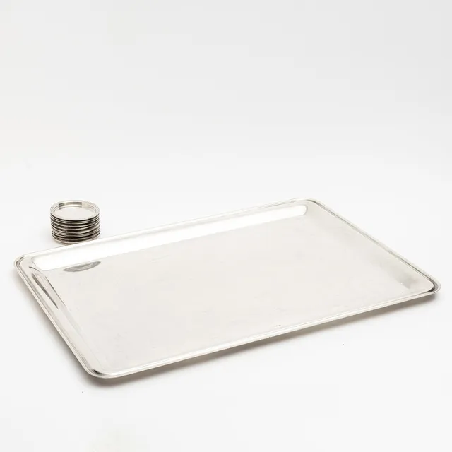 BRICKA samt COASTERS, 12 delar, nysilver GAB. 1900-tal.