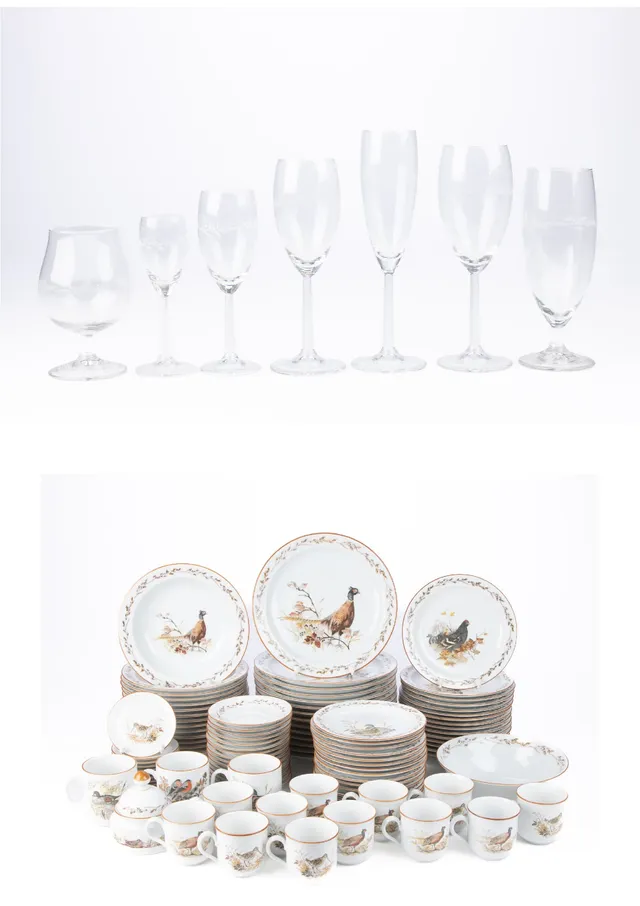 Mads Stage. 'Hunting set'. Large collection of porcelain service with associated glassware (167)