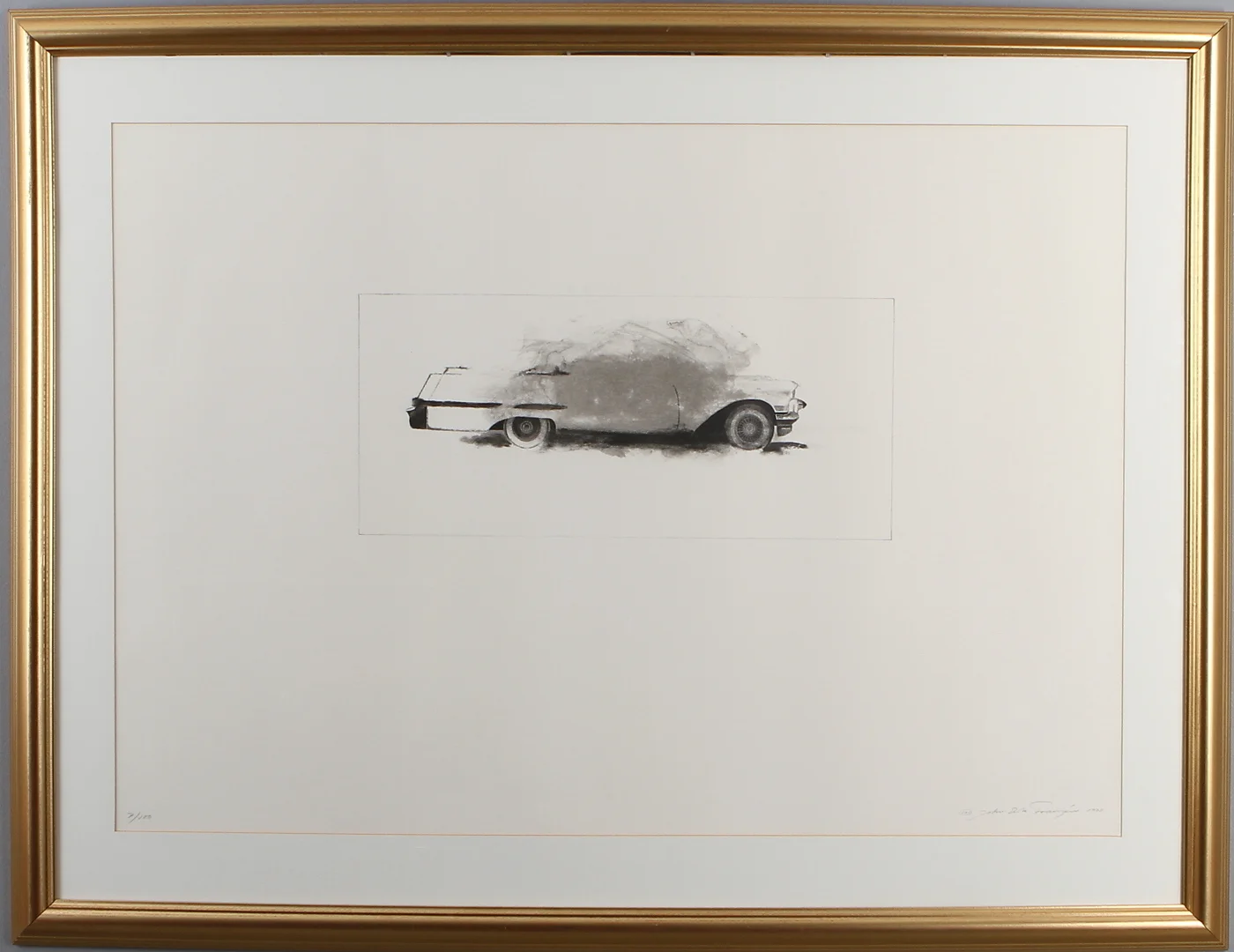 JOHN ERIK FRANZÉN. "Den vita Cadillacen 1958", litografi, signerad och numrerad 7/100. — Engravings & Prints — Auktionshuset Kolonn