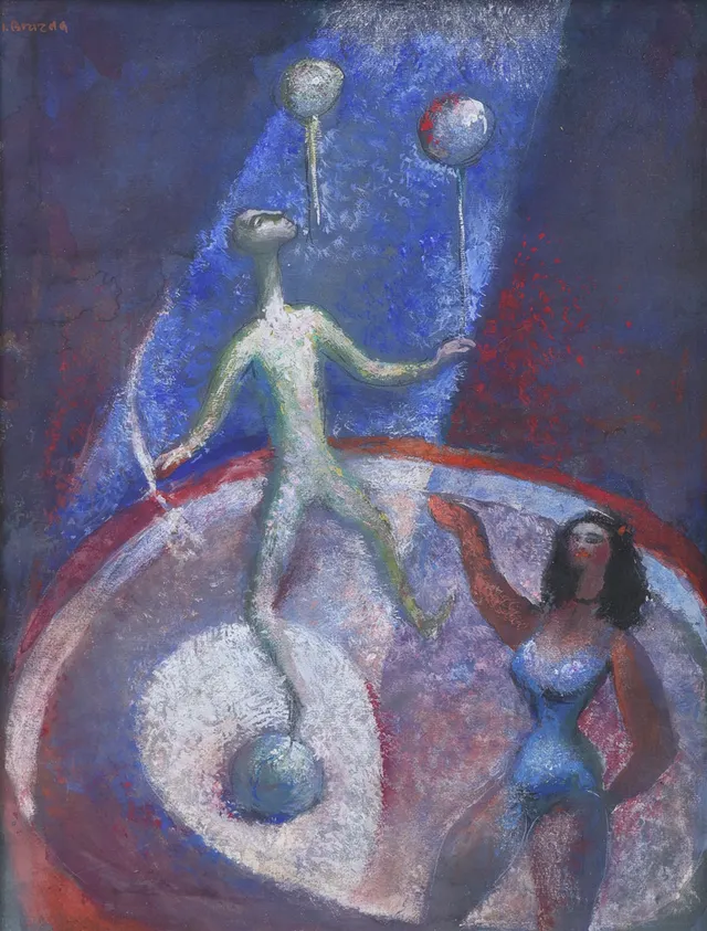 JAN BRAZDA (TJECKIEN, 1917-2011). Cirkusartister, blandteknik, signerrad.