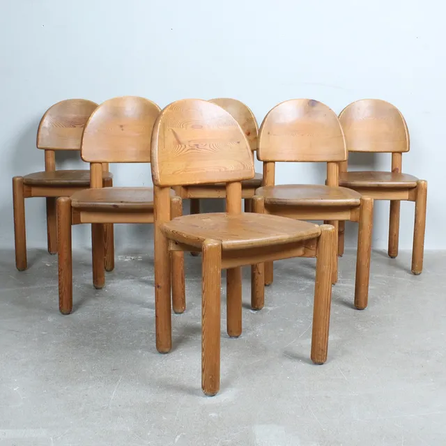 RAINER DAUMILLER. 6er Set/Stühle/Esszimmerstühle, Kiefernholz, 1970er Jahre.