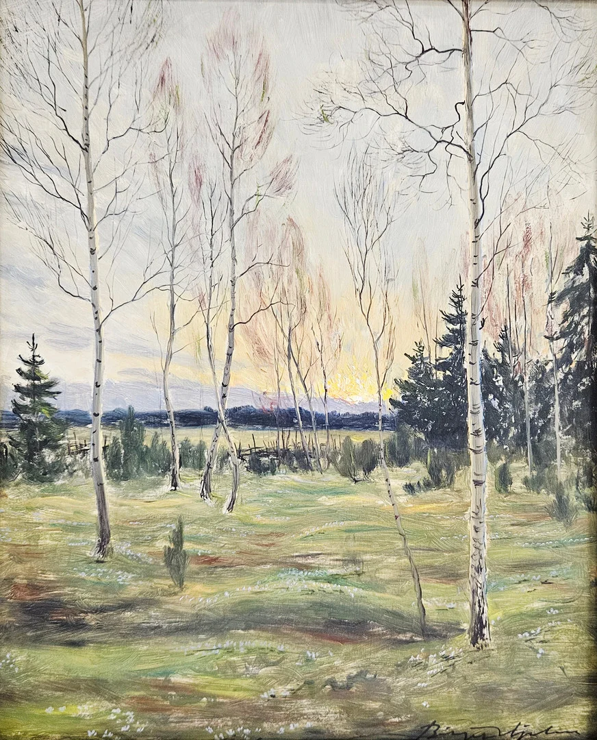 BIRGER HJELM. Majkväll, Varv, 1949. Olja på pannå, signerad Birger Hjelm. — Paintings — Auktionshuset Thörner & Ek