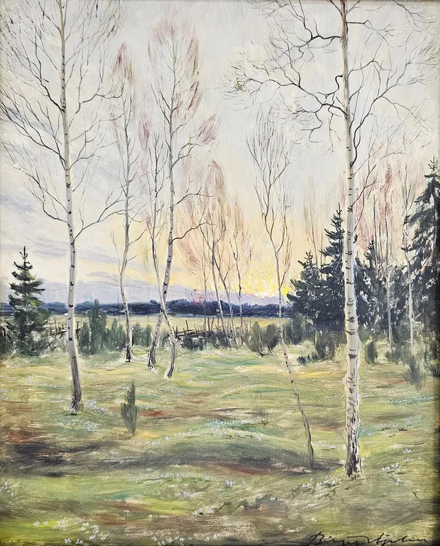 BIRGER HJELM. Majkväll, Varv, 1949. Olja på pannå, signerad Birger Hjelm.