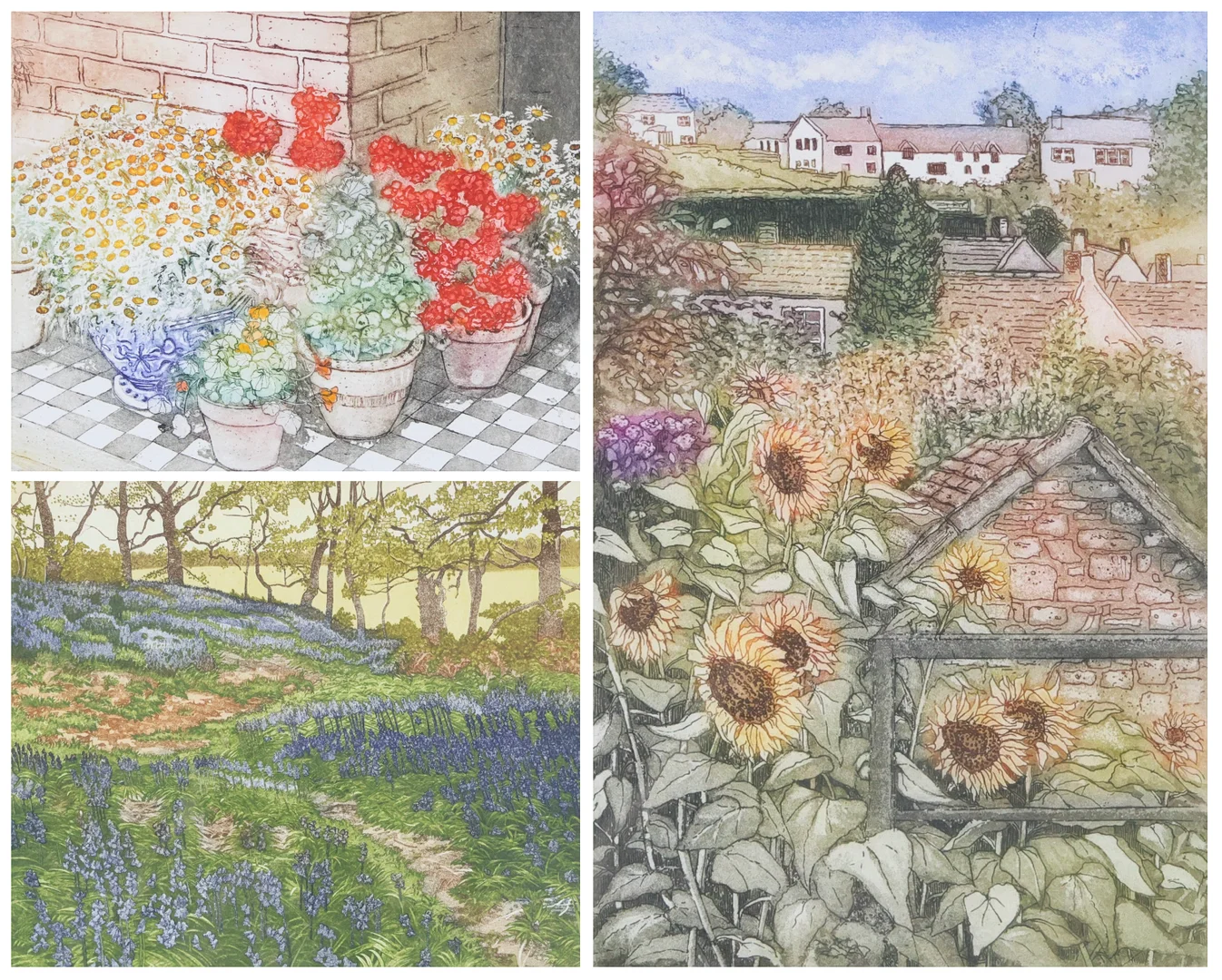 SALLY WINTER (CONTEMPORARY), "SALLY'S PORCH II", "SUNFLOWERS, JANE'S GARDEN", AND ANOTHER PRINT. (3). — Engravings & Prints — Young's Auctions